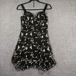 Widow Dress Women M Black Floral Embroidered Mesh Bustier Ruffle Mini Goth